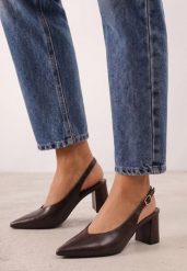 Brązowe Klasyczne Czółenka Slingback na Słupku ze Szpiczastym Noskiem Dolmisa. Brązowe czółenka damskie Renee, bez wzorów, z satyny, ze szpiczastym noskiem, bez obcasa, na obcasie. Za 119.99 zł.