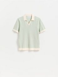Bawełniany sweter polo - miętowy. Zielone swetry męskie Reserved, l, bez wzorów, z bawełny, bez kołnierzyka. Za 119.99 zł.