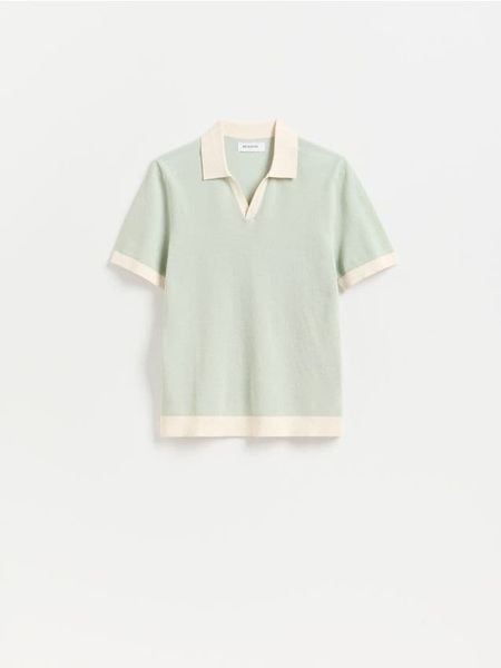 Bawełniany sweter polo - miętowy. Zielone swetry męskie Reserved, l, bez wzorów, z bawełny, bez kołnierzyka. Za 119.99 zł.