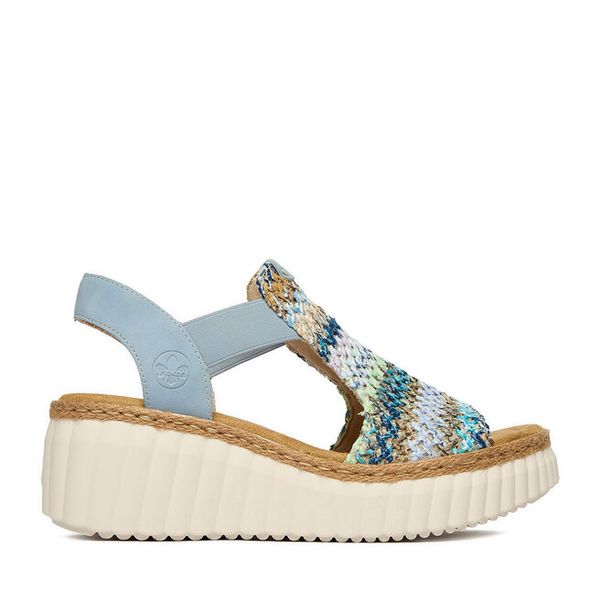 Sandały Rieker. Niebieskie sandały damskie Rieker, bez wzorów, bez obcasa, na koturnie. Za 329.99 zł.