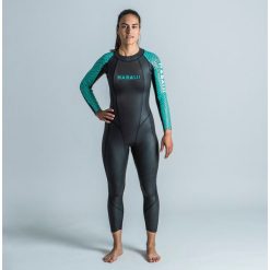 Kombinezon pływacki openwater damski Nabaiji OWS 500 z neoprenu 2/2 mm. Zielone kombinezony damskie NABAIJI, s, bez wzorów, z neoprenu, sportowe, bez kołnierzyka, bez ramiączek. Za 699.99 zł.