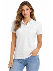 Geographical Norway Koszulka polo "Krystaline" w kolorze białym rozmiar: M. Białe bluzki damskie Geographical Norway, m, bez wzorów, z bawełny, bez kołnierzyka, bez ramiączek. Za 109.95 zł.