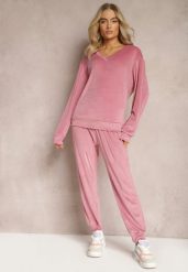 Różowy Komplet Dresowy z Weluru Luźna Bluza z Dekoltem w V i Elastyczne Spodnie z Kieszeniami Esparkia. Czerwone bluzy bez kaptura damskie Renee, l, z dresówki. Za 89.99 zł.