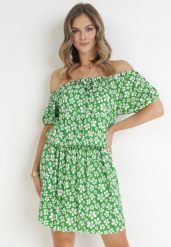 Zielona Rozkloszowana Sukienka Mini z Hiszpańskim Dekoltem i Gumką w Talii z Wiskozy Jassinta. Zielone sukienki damskie Born2be, na co dzień, l, bez wzorów, z wiskozy, bez kołnierzyka, bez ramiączek, mini, rozkloszowane. W wyprzedaży za 35.99 zł.
