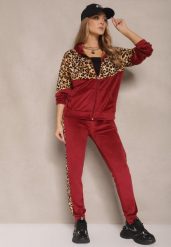 Bordowy Komplet Dresowy z Weluru z Panterką Bluza i Spodnie Koriviella. Czerwone bluzy bez kaptura damskie Renee, m, z dresówki. Za 69.99 zł.