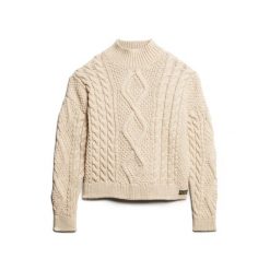 Damski sweter polo z dzianiny Superdry Aran Cable. Białe swetry klasyczne damskie Superdry., na zimę, z dzianiny, bez kołnierzyka. W wyprzedaży za 367.50 zł.