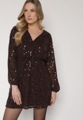 Brązowa Cekinowa Sukienka o Rozkloszowanym Kroju z Długimi Rękawami Reira. Brązowe sukienki damskie Born2be, na imprezę, l, bez wzorów, z poliesteru, eleganckie, bez kołnierzyka, bez ramiączek, rozkloszowane. Za 169.99 zł.
