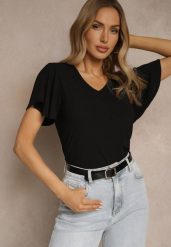 Czarna Bluzka Ozdobiona Rozkloszowanymi Rękawami Sunetha. Czarne bluzki damskie Renee, s, bez wzorów, z jeansu, eleganckie, bez kołnierzyka, bez ramiączek. Za 39.99 zł.