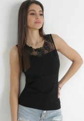Czarny Top Bawełniany z Ozdobną Koronką Sheva. Czarne topy damskie Born2be, l, bez wzorów, z bawełny, bez kołnierzyka. Za 19.99 zł.