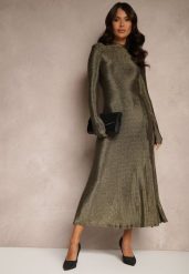 Złota Elegancka Sukienka z Wiskozą i Brokatem Werista. Żółte sukienki damskie Renee, na zimę, l, bez wzorów, z materiału, eleganckie, bez kołnierzyka, bez ramiączek, maxi. W wyprzedaży za 118.99 zł.
