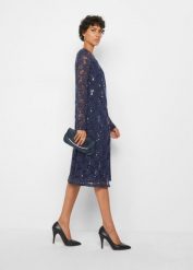 Sukienka z koronką (2 części). Niebieskie sukienki damskie bonprix, bez wzorów, z koronki, bez kołnierzyka, bez ramiączek. Za 249.99 zł.