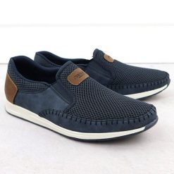 Półbuty męskie komfortowe mokasyny granatowe Rieker 11954-14. Mokasyny męskie Rieker, ze skóry ekologicznej, bez zapięcia. Za 329.00 zł.