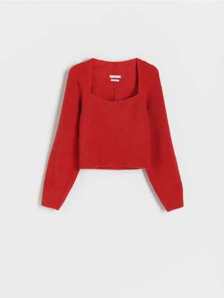 Sweter z kwadratowym dekoltem - czerwony. Czerwone swetry klasyczne damskie Reserved, l, z dzianiny, bez kołnierzyka. W wyprzedaży za 29.99 zł.