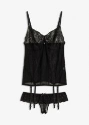 "Top gorsetowy z paskami do pończoch + stringi ""ouvert"" (2 części)". Czarne rajstopy i pończochy bonprix. Za 97.99 zł.