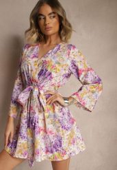 Fioletowy Kopertowy Kombinezon z Wiązanym Paskiem i Rozszerzanymi Rękawami Telurea. Fioletowe kombinezony damskie Renee, bez wzorów, eleganckie, bez kołnierzyka, bez ramiączek. Za 89.99 zł.