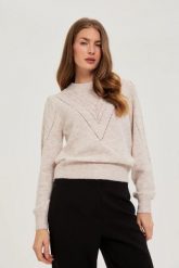 Sweter z bufiastymi rękawami beżowy. Brązowe swetry klasyczne damskie MOODO, l, z elastanu, bez kołnierzyka. Za 139.99 zł.