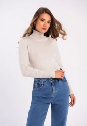 Gładki golf S-JULI. Białe golfy damskie Volcano, plus size, bez wzorów, z dzianiny, bez ramiączek. Za 129.99 zł.