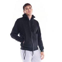 Męska, miękka bluza z kapturem i zamkiem błyskawicznym z ikoną lwa. Czarne bluzy sportowe męskie LEONE 1947 APPAREL, bez wzorów, z tkaniny, sportowe, bez kołnierzyka, bez ramiączek. W wyprzedaży za 195.65 zł.
