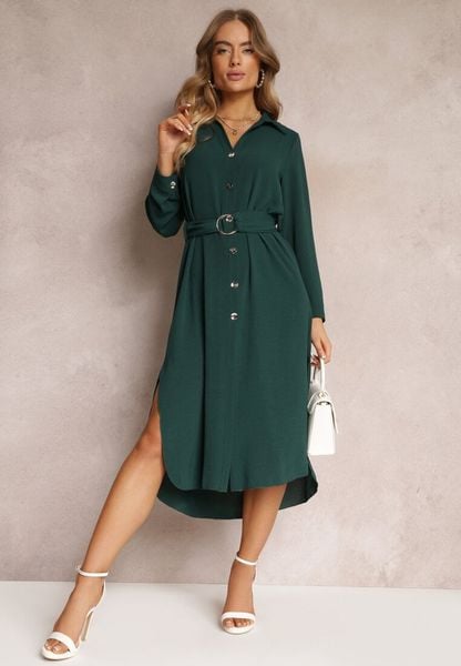 Ciemnozielona Sukienka Koszulowa z Paskiem Vartivar. Zielone sukienki damskie Renee, na imprezę, l, bez wzorów, z materiału, eleganckie, bez kołnierzyka, bez ramiączek, midi, koszulowe. Za 109.99 zł.