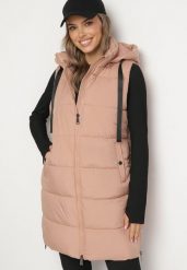 Różowa Długa Kamizelka Pikowana z Odpinanym Kapturem i Sznurkami do Regulacji Nerienna. Czerwone kamizelki damskie Born2be, l, długie. Za 199.99 zł.
