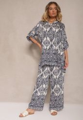 Granatowy Komplet z Wiskozą o Kroju Oversize Koszula i Spodnie Nilarithia. Niebieskie koszule damskie Renee, bez wzorów, z materiału, eleganckie. Za 89.99 zł.