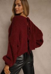 Bordowy Kardigan z Wełną o Kroju Oversize z Wiązanymi Kokardami Elearina. Czerwone kardigany damskie Renee, bez wzorów, z jeansu. Za 149.99 zł.