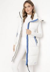Biała Długa Kamizelka z Kapturem Zapinana na Suwak Zinroris. Białe kamizelki damskie Born2be, l, długie. Za 169.99 zł.