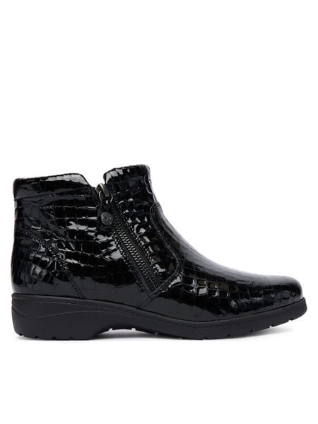 Caprice Botki 9-25460-45 Czarny. Czarne botki damskie Caprice, z lakierowanej skóry, bez obcasa, na płaskiej podeszwie, bez zapięcia. Za 489.99 zł.