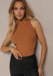 Ciemnobeżowy Top z Golfem i Wiskozą z Prążkowanego Materiału Lilithea. Brązowe topy damskie Renee, m, bez wzorów, z jeansu, bez kołnierzyka. Za 69.99 zł.