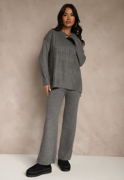 Ciemnoszary Dzianinowy Komplet z Wełną w Warkoczowy Splot Spodnie i Sweter Reinette. Szare spodnie materiałowe damskie Renee, bez wzorów, z bawełny. Za 119.99 zł.