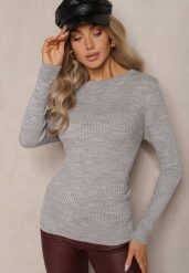 Szary Casualowy Sweter z Prążkowanego Materiału Zintra. Szare swetry klasyczne damskie Renee, m, z jeansu, bez kołnierzyka. Za 69.99 zł.