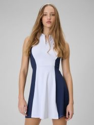 4F Sukienka tenisowa damska - biała L. Białe sukienki damskie 4f, na co dzień, l, bez wzorów, z dzianiny, sportowe, bez kołnierzyka, bez ramiączek, maxi, sportowe. Za 129.99 zł.