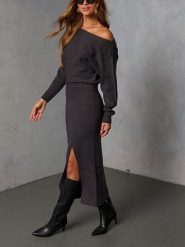 Milan Kiss Sukienka dzianinowa w kolorze szarym rozmiar: XL. Szare sukienki damskie Milan Kiss, na co dzień, xl, bez wzorów, z dzianiny, bez kołnierzyka, bez ramiączek, maxi, proste. Za 226.77 zł.