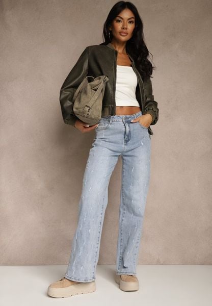 Niebieskie Jeansy z Bawełny o Szerokim Kroju High Waist Ozdobione Przetarciami Feless. Niebieskie jeansy damskie Renee, z podwyższonym stanem. Za 119.99 zł.