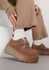 Brązowe Śniegowce na Platformie z Paskiem ze Sprzączką i Futrem Unweda. Brązowe śniegowce damskie Renee, z jeansu. Za 129.99 zł.