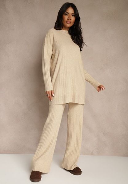 Beżowy Komplet Prążkowany z Bawełną Sweter Oversize i Szerokie Spodnie Wedorena. Brązowe spodnie materiałowe damskie Renee, bez wzorów, z bawełny. Za 99.99 zł.