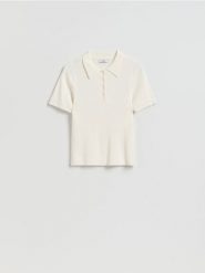 T-shirt z kołnierzykiem - złamana biel. T-shirty damskie Reserved, l, bez wzorów, z dzianiny, bez kołnierzyka. Za 79.99 zł.