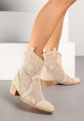 Jasnobeżowe Ażurowe Botki w Stylu Kowbojek na Stożku ze Skórzaną Wkładką Xalozi. Brązowe botki damskie Born2be, na lato, eleganckie, bez obcasa, na obcasie, bez zapięcia. Za 149.99 zł.