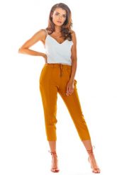 Kamelowe Stylowe Spodnie z Troczkami. Brązowe spodnie materiałowe damskie Awama, bez wzorów, z elastanu, eleganckie, z podwyższonym stanem. Za 212.90 zł.