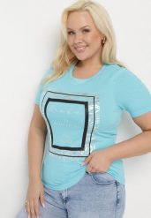 Jasnoniebieski Bawełniany T-shirt Koszulka z Krótkim Rękawem Ozdobiona Nadrukiem i Cyrkoniami Codara. Niebieskie bluzki damskie Born2be, l, bez wzorów, z bawełny, bez kołnierzyka, plus size, bez ramiączek. Za 39.99 zł.