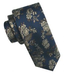 Elegancki i Modny Męski Krawat - Angelo di Monti - Beżowe Kwiaty, Granatowe Tło. Niebieskie krawaty i muchy męskie Angelo di Monti, bez wzorów, z tkaniny, eleganckie. Za 45.00 zł.