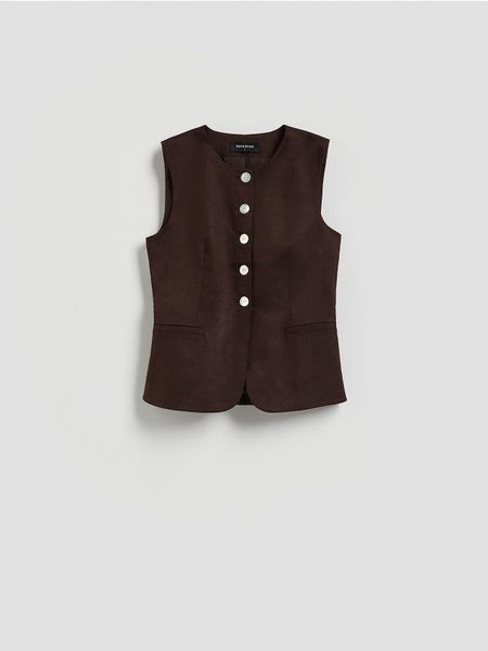 Kamizelka z lnem - ciemnobrązowy. Brązowe kamizelki damskie Reserved, l, z tkaniny. Za 129.99 zł.