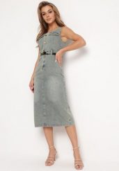 Jasnoniebieska Sukienka Jeansowa Bez Rękawów z Paskiem z Ekoskóry Heteria. Niebieskie sukienki damskie Born2be, na co dzień, s, bez wzorów, z jeansu, eleganckie, bez kołnierzyka, bez ramiączek, midi, proste. Za 99.99 zł.