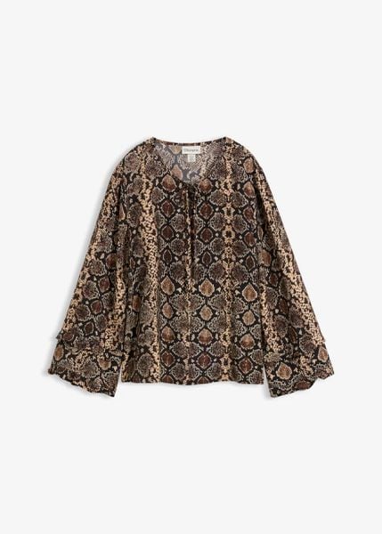 Bluzka tunikowa z delikatnej mieszanki wiskozy. Brązowe bluzki damskie bonprix, bez wzorów, z wiskozy, bez kołnierzyka, bez ramiączek. Za 129.99 zł.