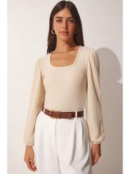 Happiness Istanbul Koszulka w kolorze kremowym rozmiar: 38. Brązowe bluzki damskie Happiness Istanbul, bez wzorów, bez kołnierzyka, bez ramiączek. Za 74.11 zł.