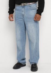 Niebieskie Szerokie Jeansy z Bawełny Ozdobione Paskiem Lerillis. Niebieskie jeansy męskie Born2be. Za 129.99 zł.