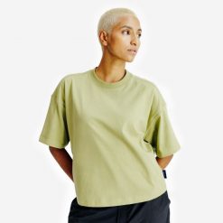 Koszulka Crop damska. Zielone bluzki sportowe damskie Decathlon, s, bez wzorów, z bawełny, bez ramiączek. Za 54.99 zł.