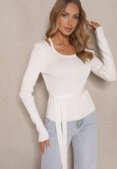 Biały Wiskozowy Sweter Wiązany w Talii z Asymetrycznym Dekoltem Kornelita. Białe swetry klasyczne damskie Renee, m, z jeansu, z asymetrycznym kołnierzem. Za 74.99 zł.