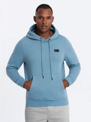 Męska dresowa bluza kangurka z kapturem i metalowym pinem – błękitna V4 OM-SSNZ-0141 - XXL. Niebieskie bluzy z kapturem męskie Ombre Clothing, l, z bawełny. W wyprzedaży za 89.99 zł.