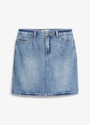 Spódnica dżinsowa mid waist, low stretch. Niebieskie spódniczki damskie bonprix, bez wzorów, z denimu, mini. Za 74.99 zł.